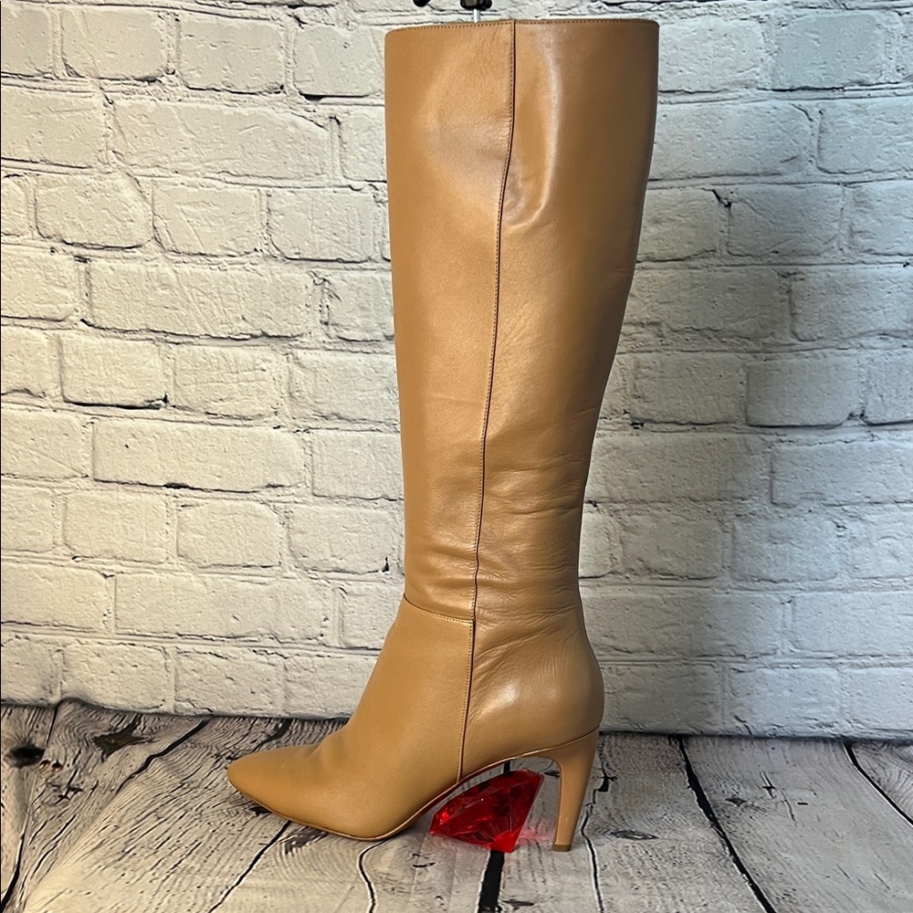 * Via Spiga Tan Leather Heeled Boots with Red Accent